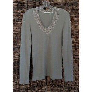Country Road Lace 100% Wool Warm V Neck Tee Shirt Sheer Base Layer Winter Fall